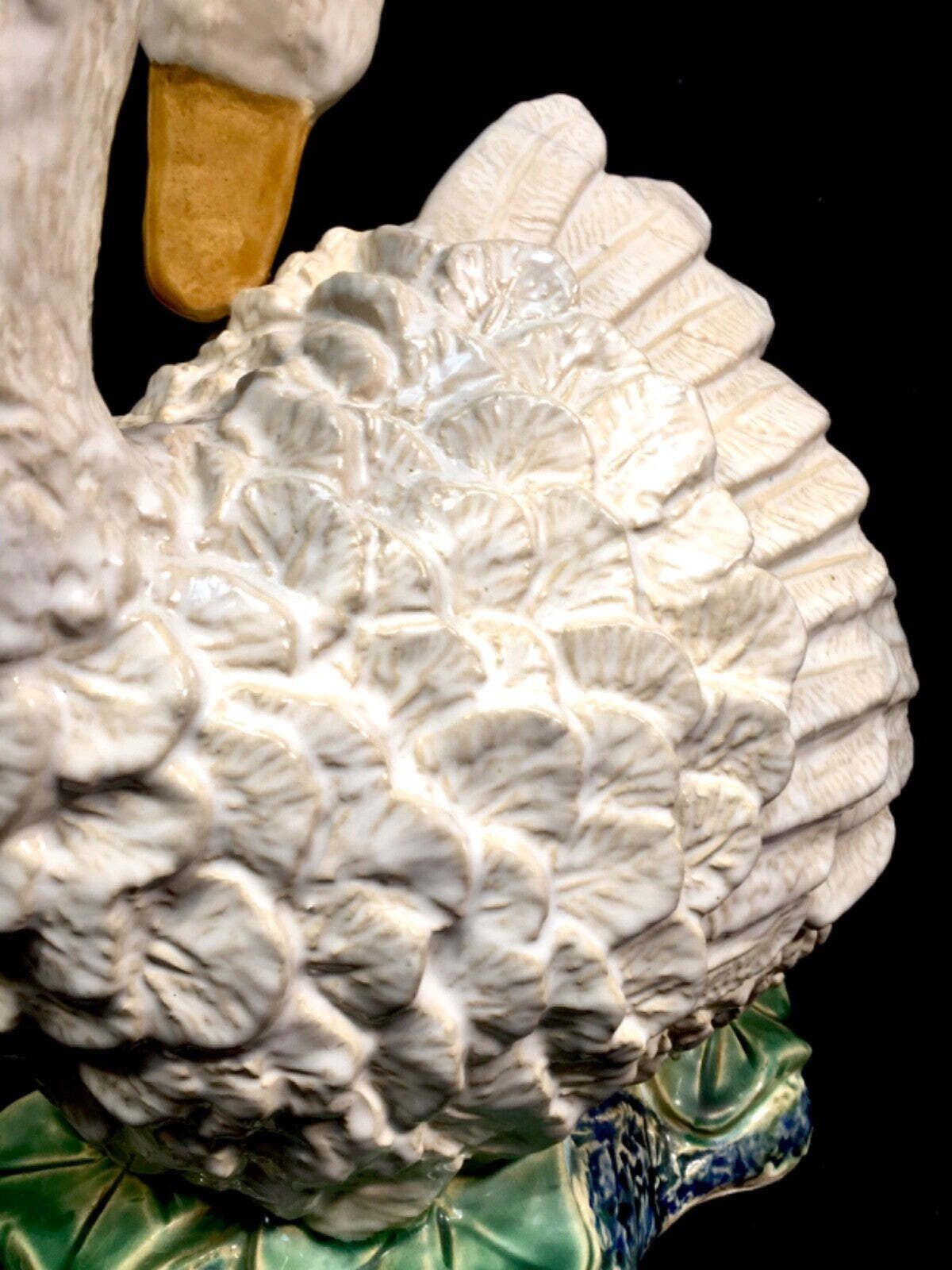 Antique 20th Century Large Sized Ceramic Swan Statue Figurine In Majolica Style photo Home Decor