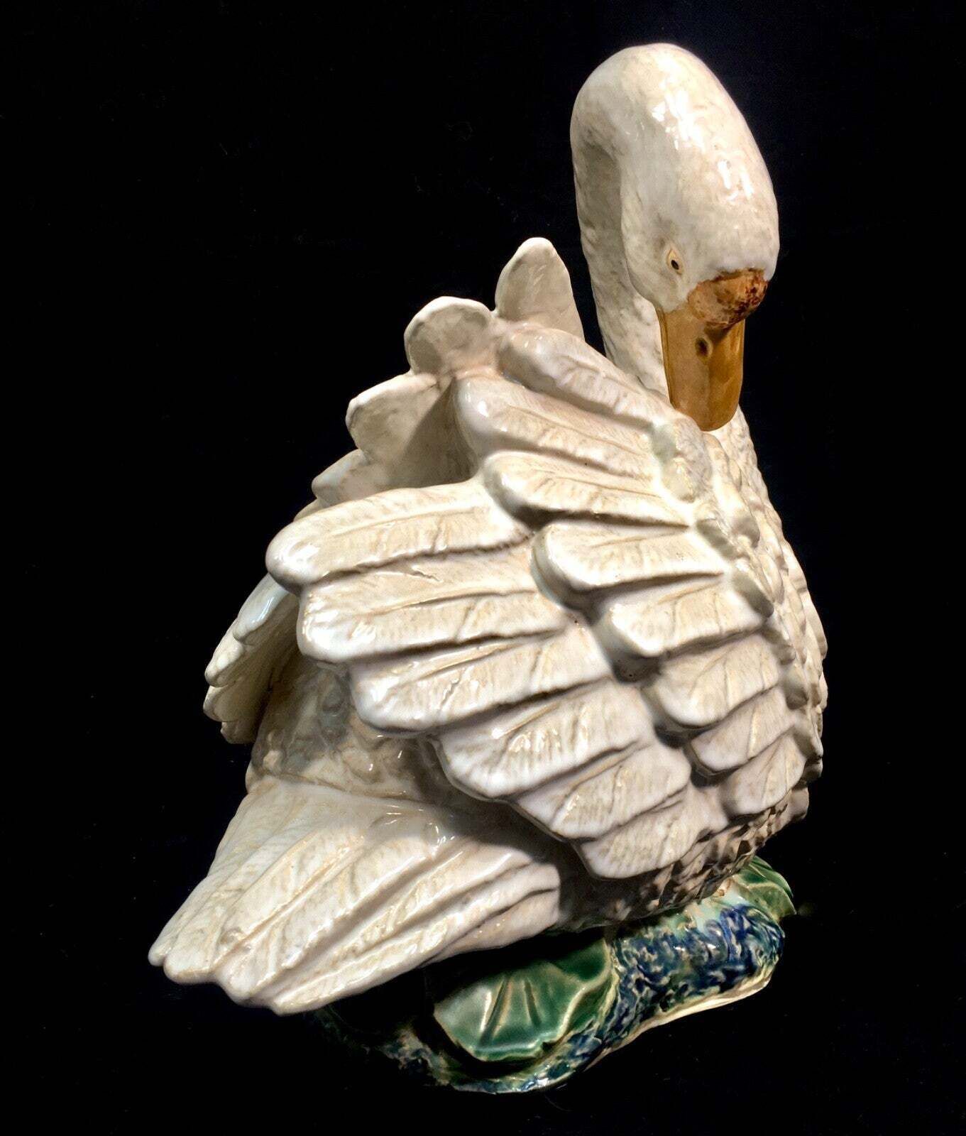 Antique 20th Century Large Sized Ceramic Swan Statue Figurine In Majolica Style photo vinterior