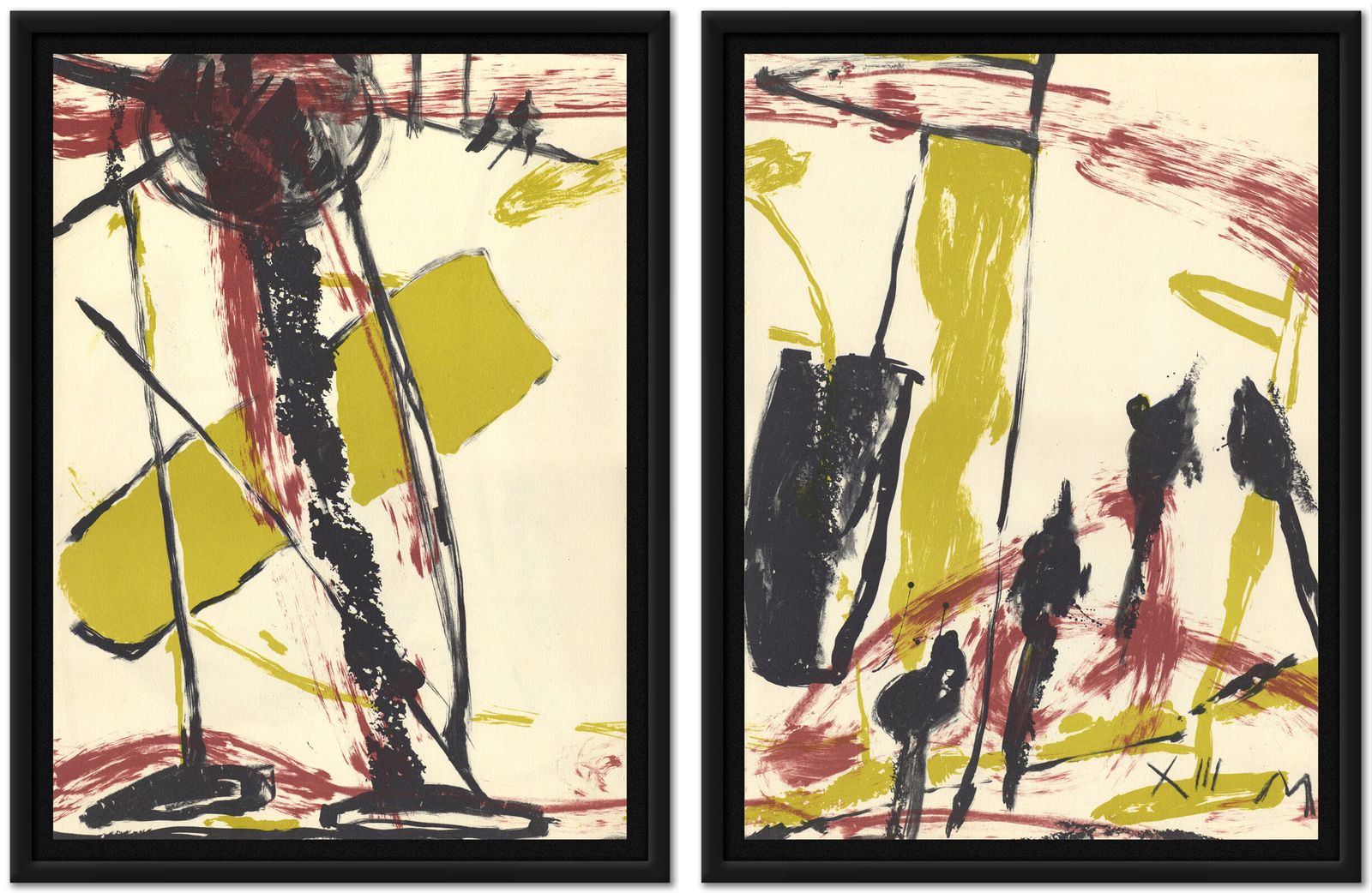 Framed Diptych Of Strong Graphic French Lithographs