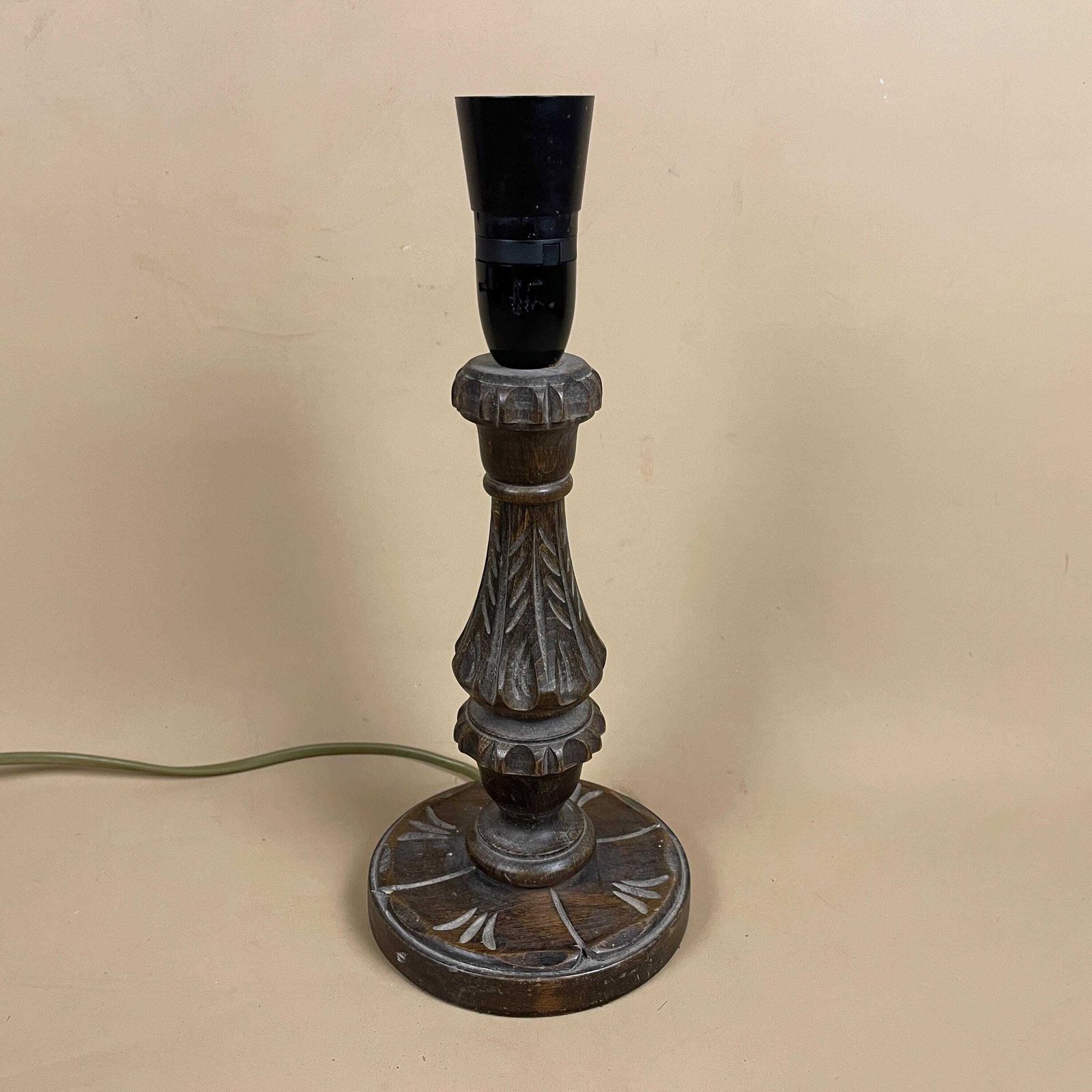 Vintage Hand Carved Wood Lamp Dark Brown Wooden Light Bedside Table Antique Edwardian Farmhouse Cottage Country Style