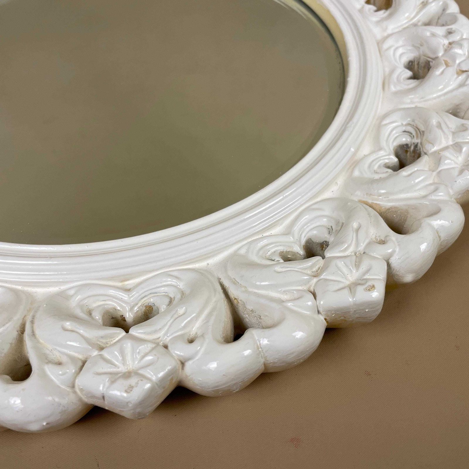 Vintage White Plaster Wall Mirror Medium Round Circle Ornate Detailed Frame Vanity Dressing Room Antique Bedroom Hallway photo vinterior