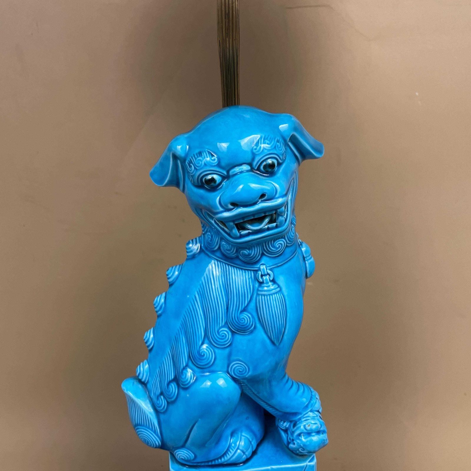 Vintage Oriental Lamp Bedside Table Light Blue Foo Dog Chinese Wooden Lampshade Pattern Ceramic Antique Classic Gold Brass Metal Shade photo 299.0