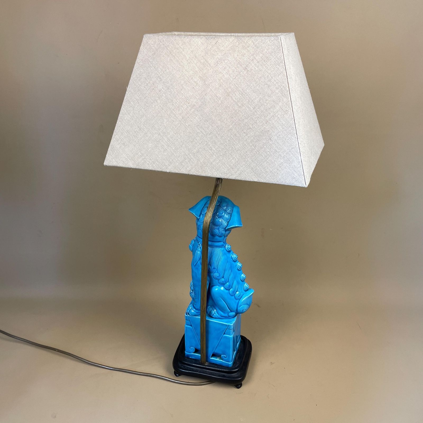 Vintage Oriental Lamp Bedside Table Light Blue Foo Dog Chinese Wooden Lampshade Pattern Ceramic Antique Classic Gold Brass Metal Shade photo buy