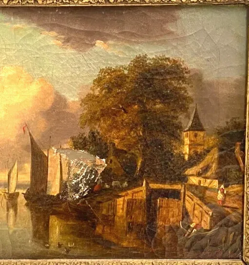 Oil On Canvas "Animate Landscape" Wooden Frame And Gilded Stucco 19th Century photo furniture