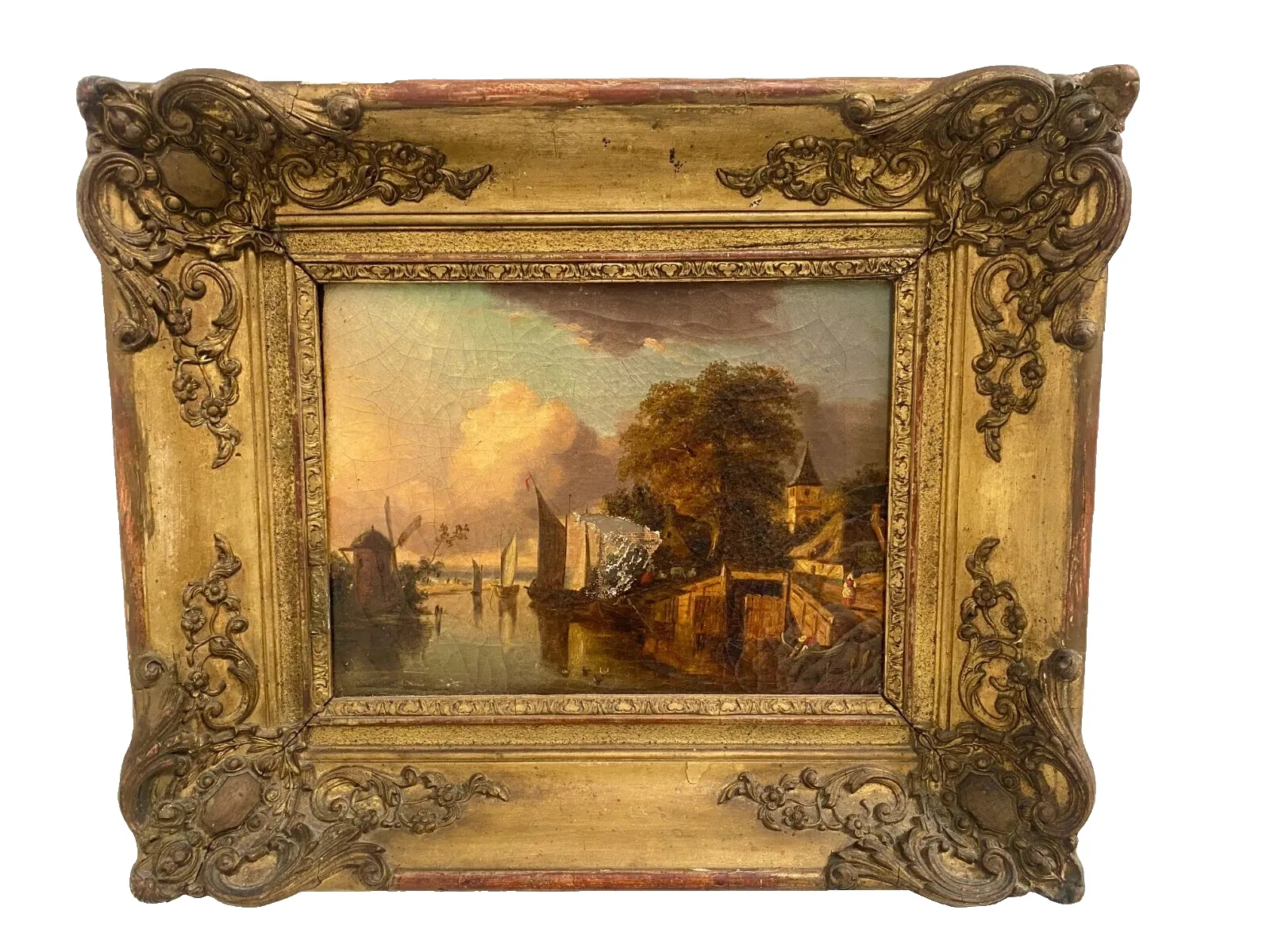 Oil On Canvas "Animate Landscape" Wooden Frame And Gilded Stucco 19th Century photo for sale