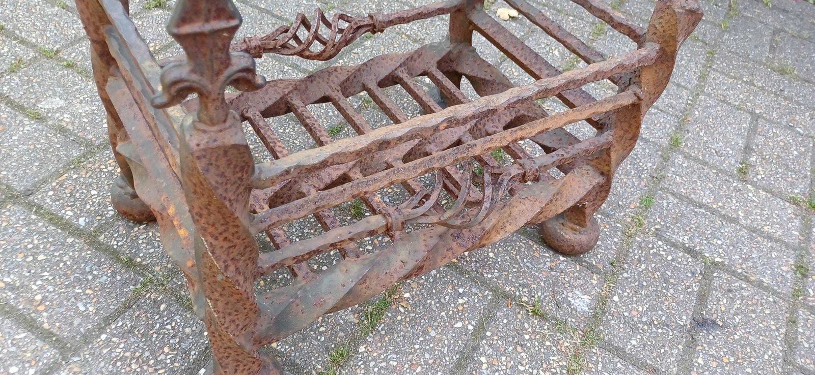 Antique Wrought Iron Fire Grate Gothic Fireplace Heavy Twisted Scrollwork Log Basket Salvage Hearth Piece With Patina Free Hand Delivery photo 495.0