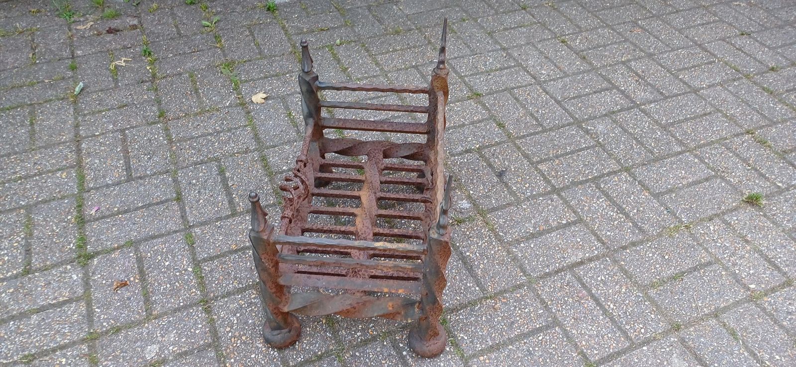 Antique Wrought Iron Fire Grate Gothic Fireplace Heavy Twisted Scrollwork Log Basket Salvage Hearth Piece With Patina Free Hand Delivery photo vinterior