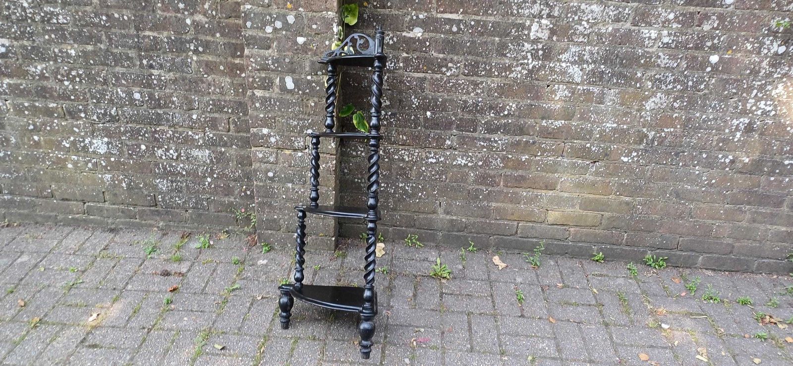 Antique Black Lacquered Effect Corner étagère With Barley Twist Legs 4 Tier Victorian Gothic Display Shelf Unit | Ornate Carved Top Wot Not photo 195.0