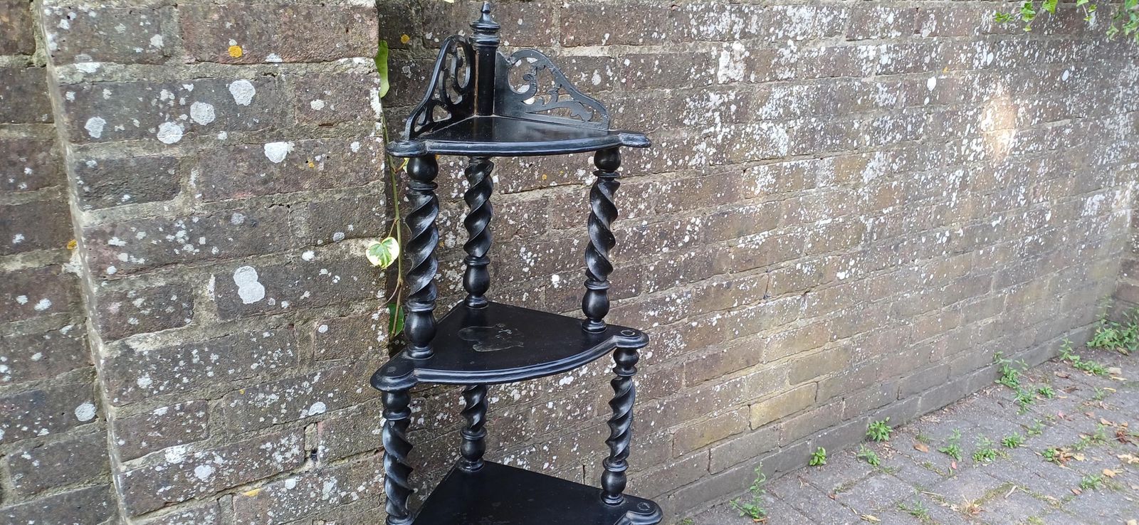 Antique Black Lacquered Effect Corner étagère With Barley Twist Legs 4 Tier Victorian Gothic Display Shelf Unit | Ornate Carved Top Wot Not photo buy