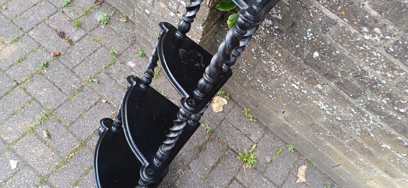 photo for sale Antique Black Lacquered Effect Corner étagère With Barley Twist Legs 4 Tier Victorian Gothic Display Shelf Unit | Ornate Carved Top Wot Not
