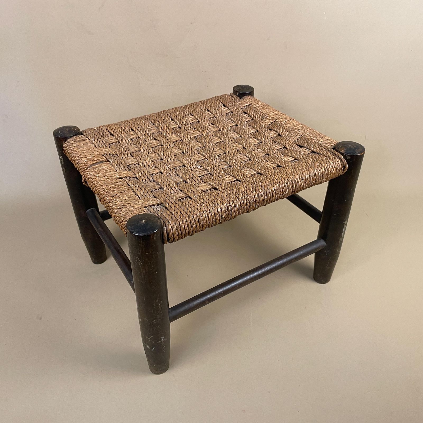 Antique Wooden Foot Stool Woven String Wood Cottage Furniture Rectangle Brown Hallway Seat 23.5x32x27cm Footstool Bench