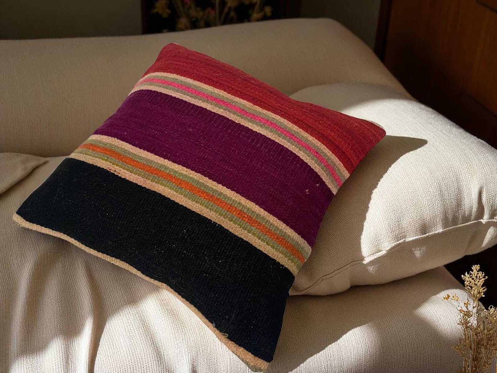 Hand Made Kilim Faced Cushion 16 X 16 Inches, Anatolian Kilim Pillow, Handmade Cushion Cover, Turkish Decor, Home Decor Accent photo for sale