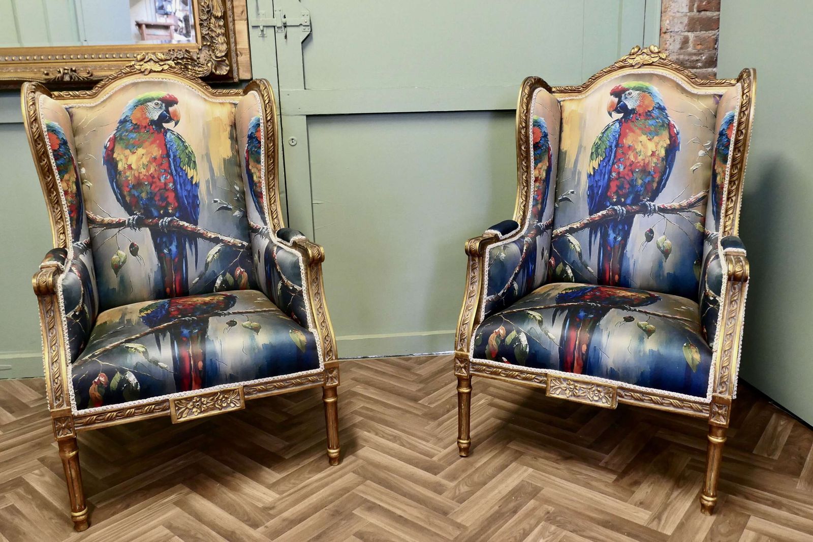 A Pair Of Salon Chairs With Silk Parrot Design photo furniture