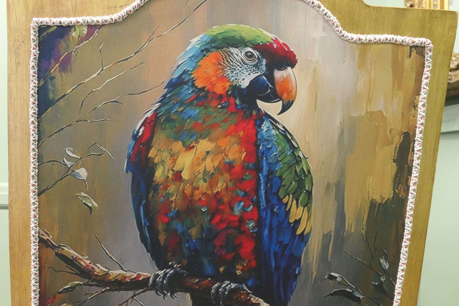 A Pair Of Salon Chairs With Silk Parrot Design photo Furniture