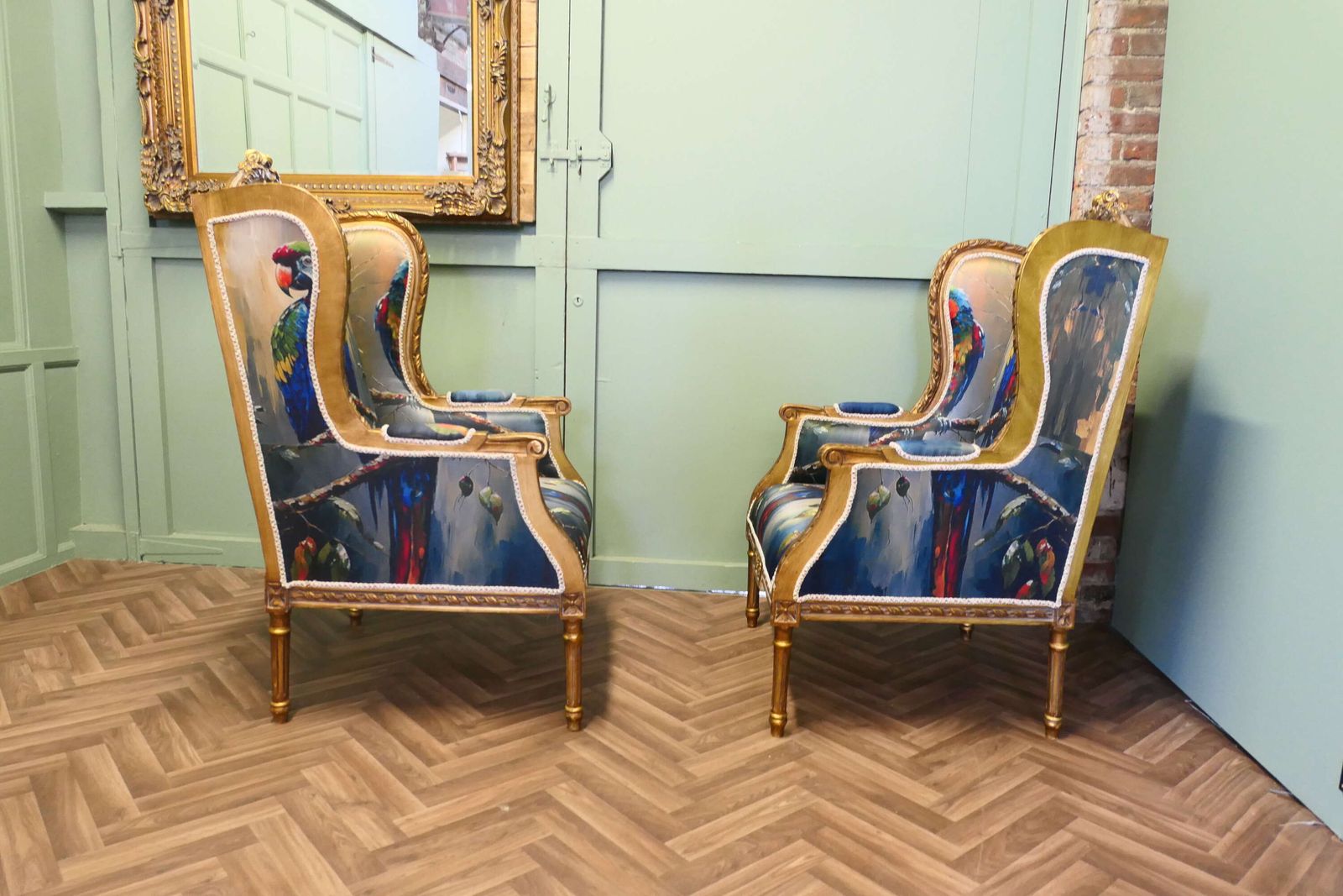 A Pair Of Salon Chairs With Silk Parrot Design photo 2640.0