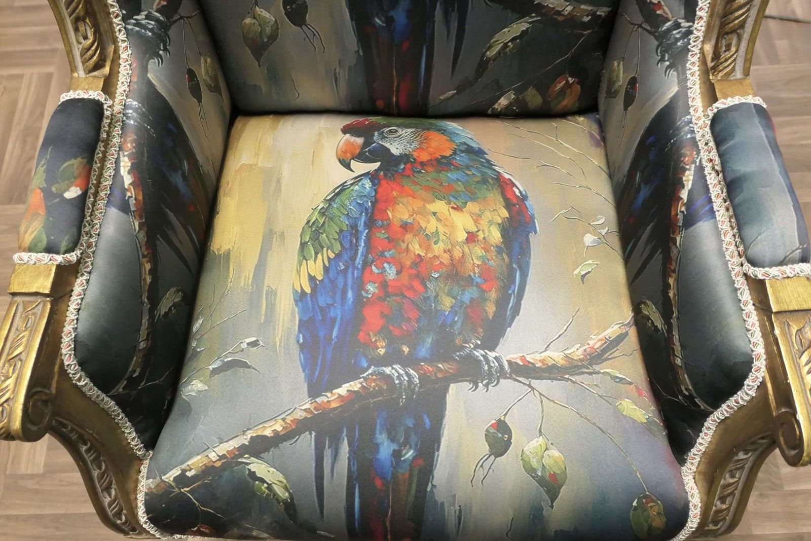 A Pair Of Salon Chairs With Silk Parrot Design photo vinterior