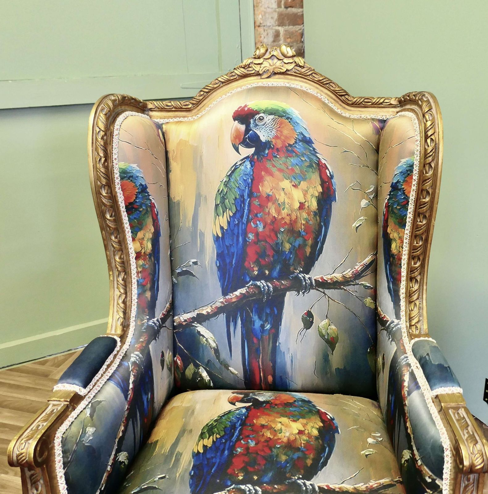 photo furniture A Pair Of Salon Chairs With Silk Parrot Design
