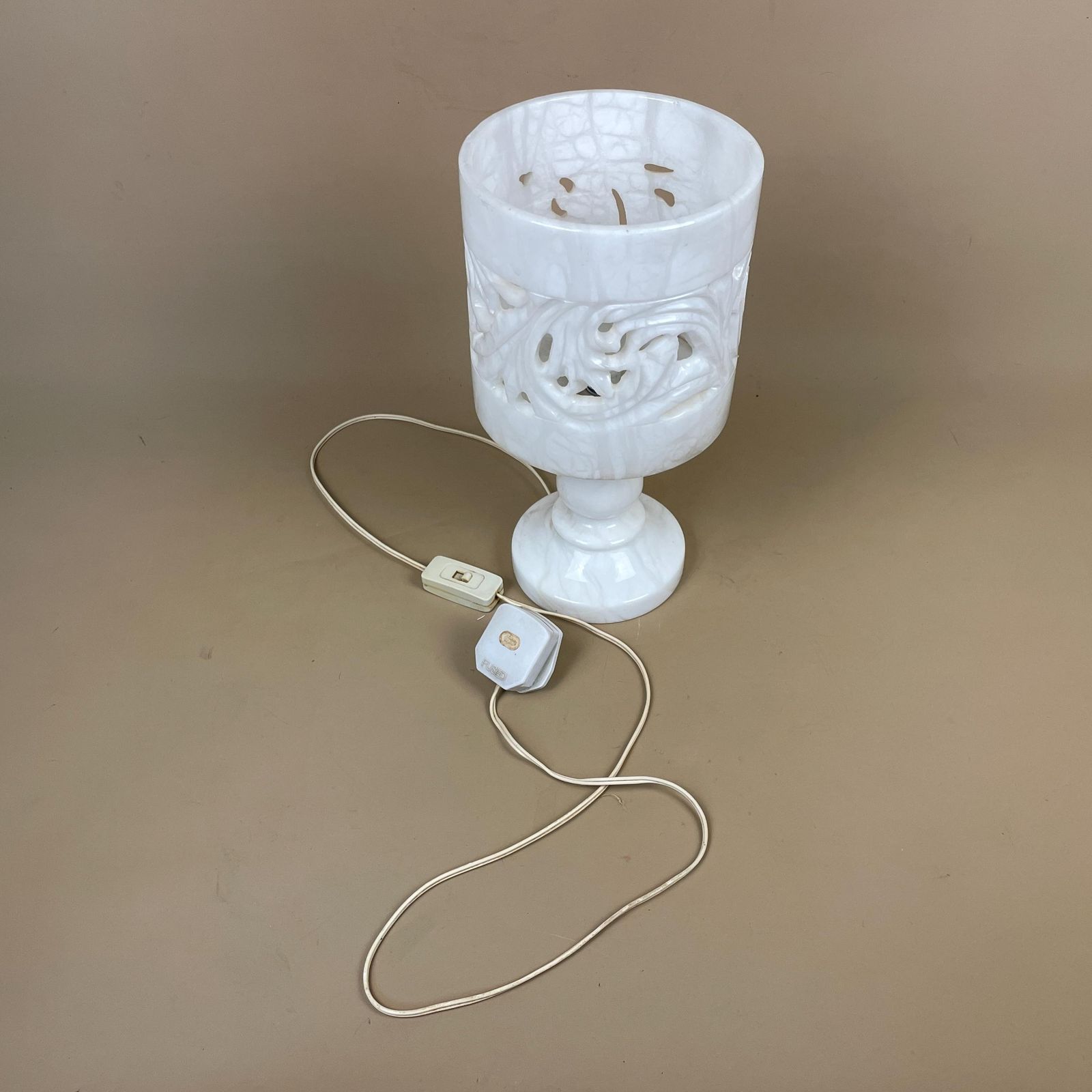 photo for sale Antique Alabaster Onyx Marble Lamp Light White Bedside Side Table Desk Marbled Patterned Vintage Pattern Stone Ornate Lantern Uplighter