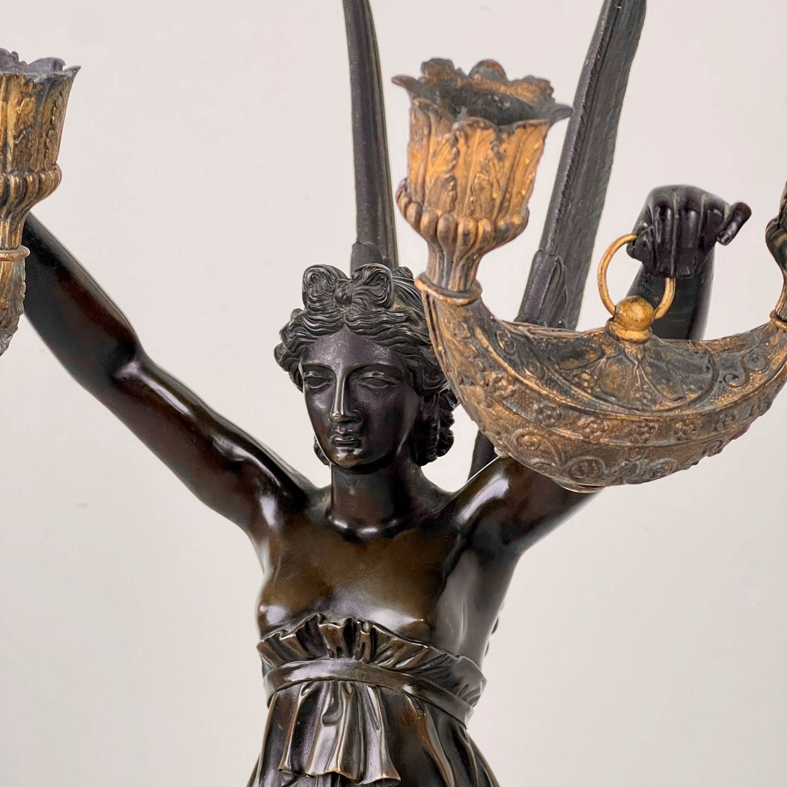 A Pair Of French Empire Patinated Bronze And Marble Candelabra photo vintage