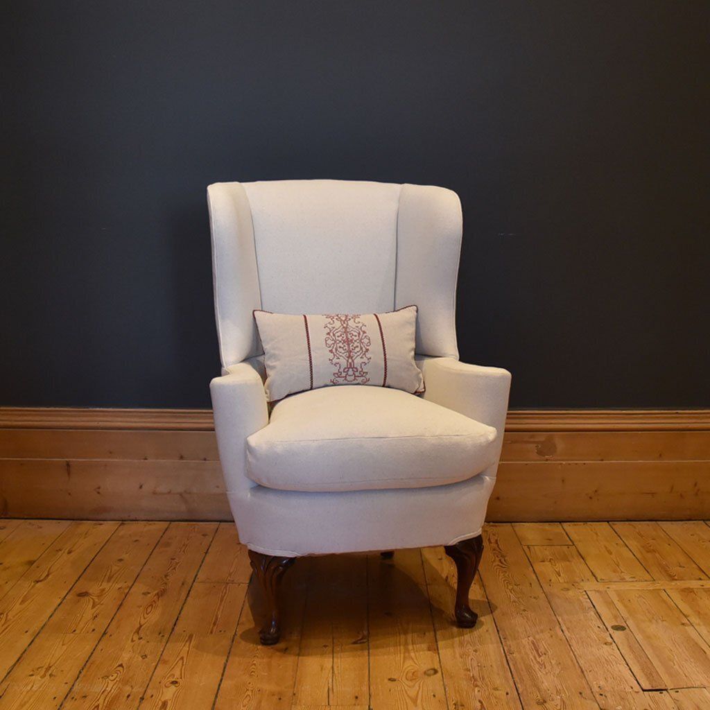 Georgian Style Wingback Armchair Newly Reupholstered In White Grainsack Material photo furniture