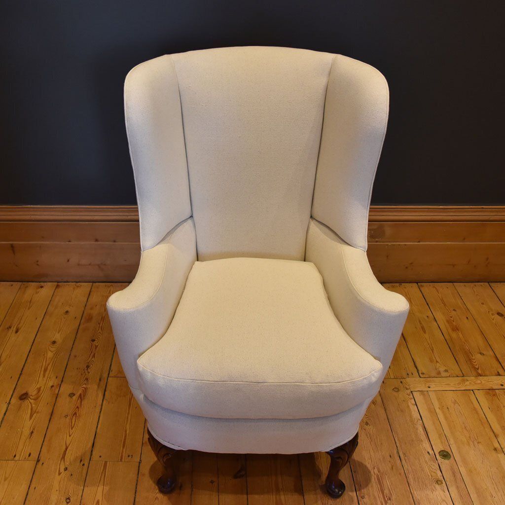 Georgian Style Wingback Armchair Newly Reupholstered In White Grainsack Material photo for sale