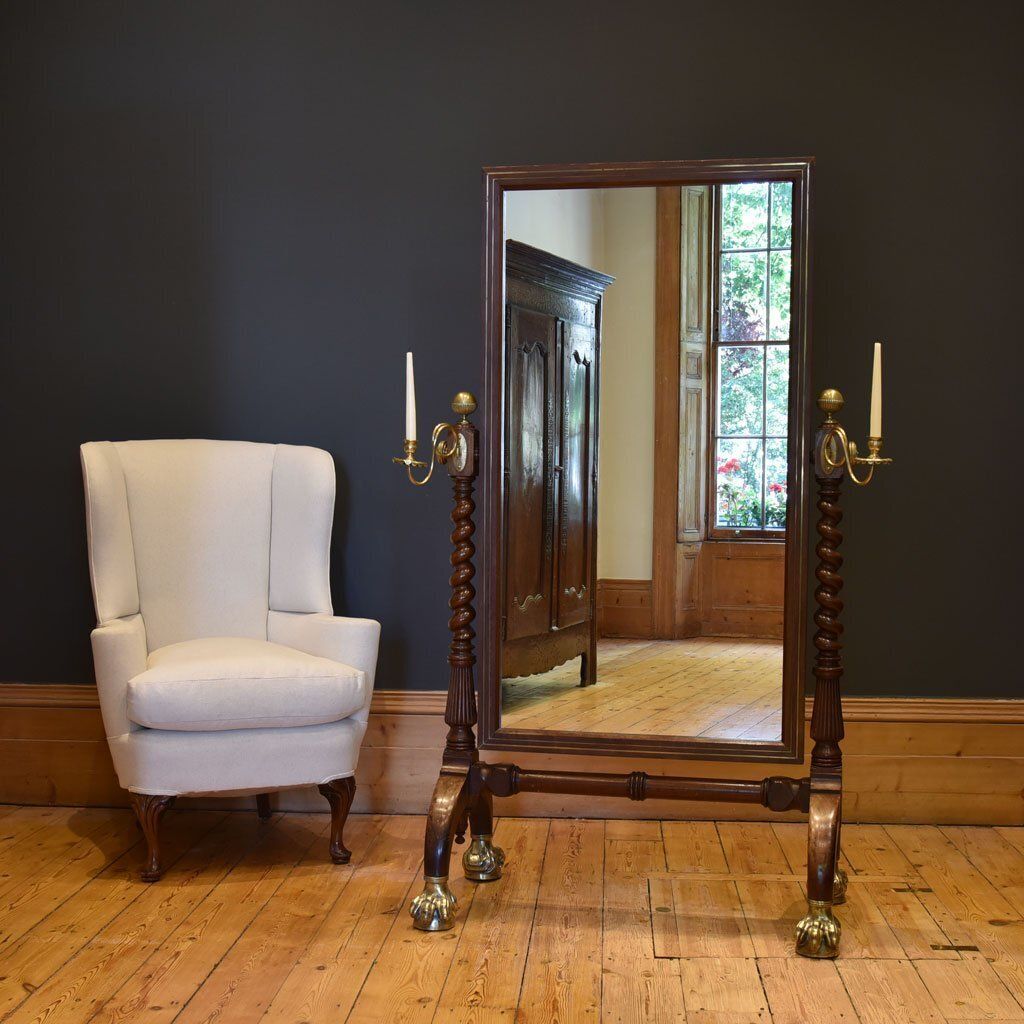 photo for sale Large 19th Century Cheval Mirror With Ornate Brass Decoration