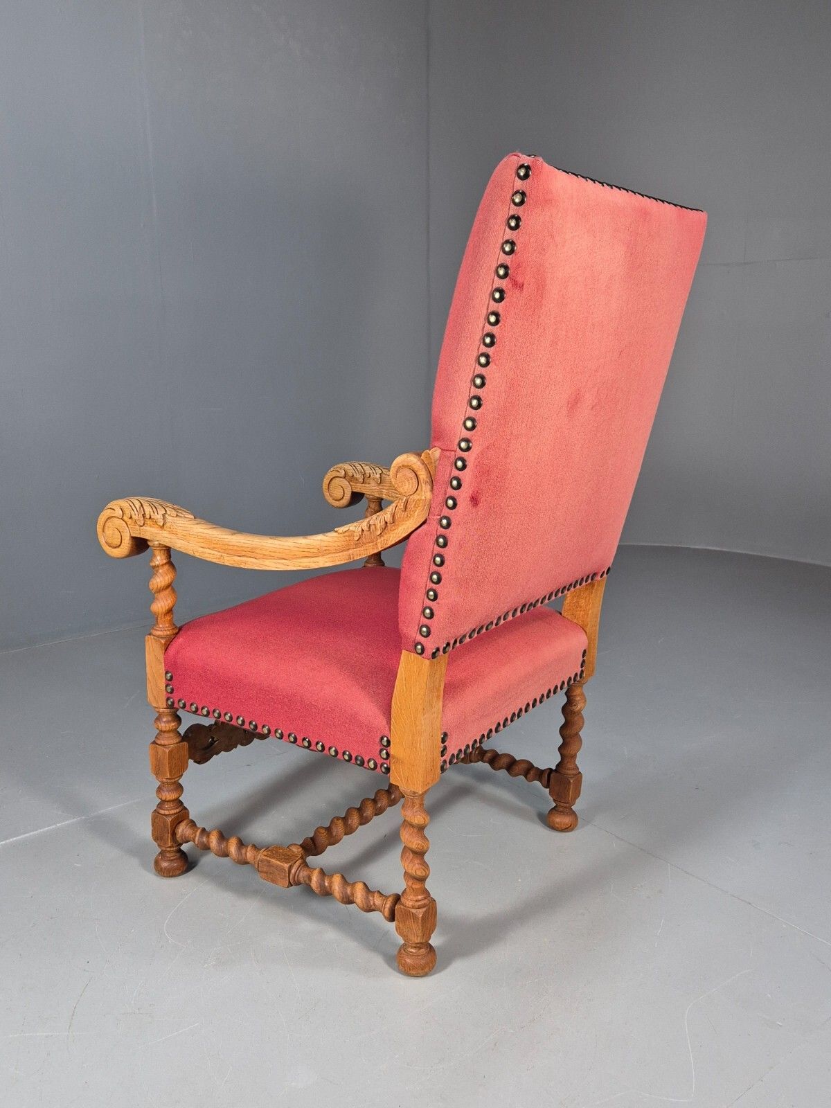 Antique Carved Oak Armchair Red Fabric Studding Vintage Danish Eb9574 Vcar photo 250.0