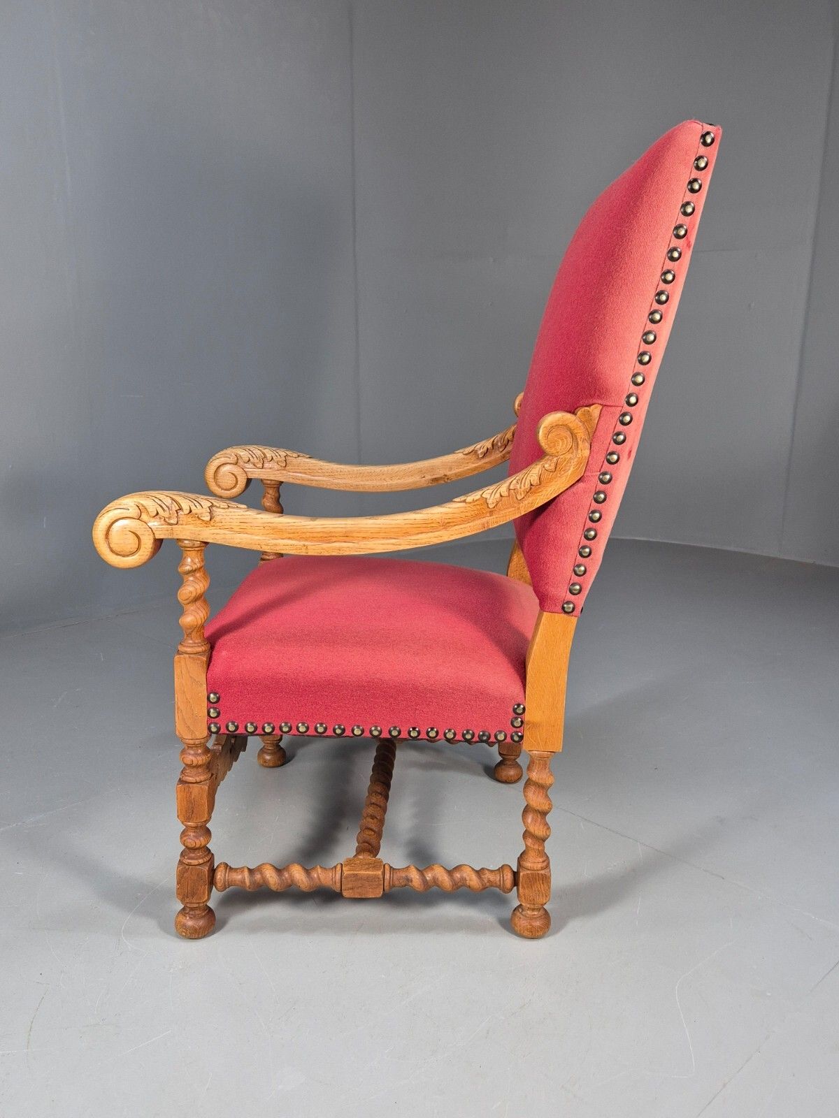 Antique Carved Oak Armchair Red Fabric Studding Vintage Danish Eb9574 Vcar photo vinterior