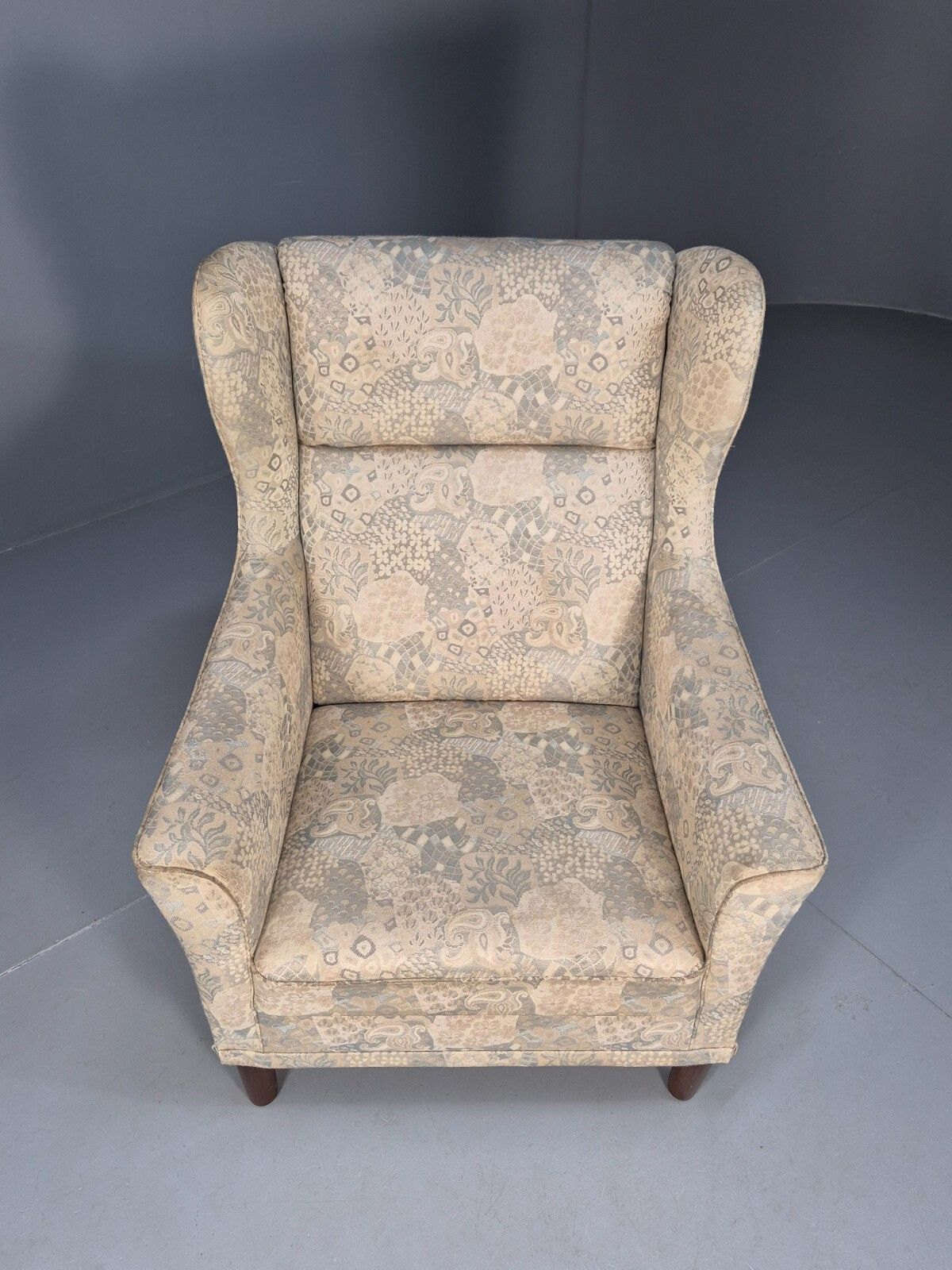 Vintage Danish Wingback Armchair Cream Grey  Abstract Print Retro Eb9695 Mnor photo for sale