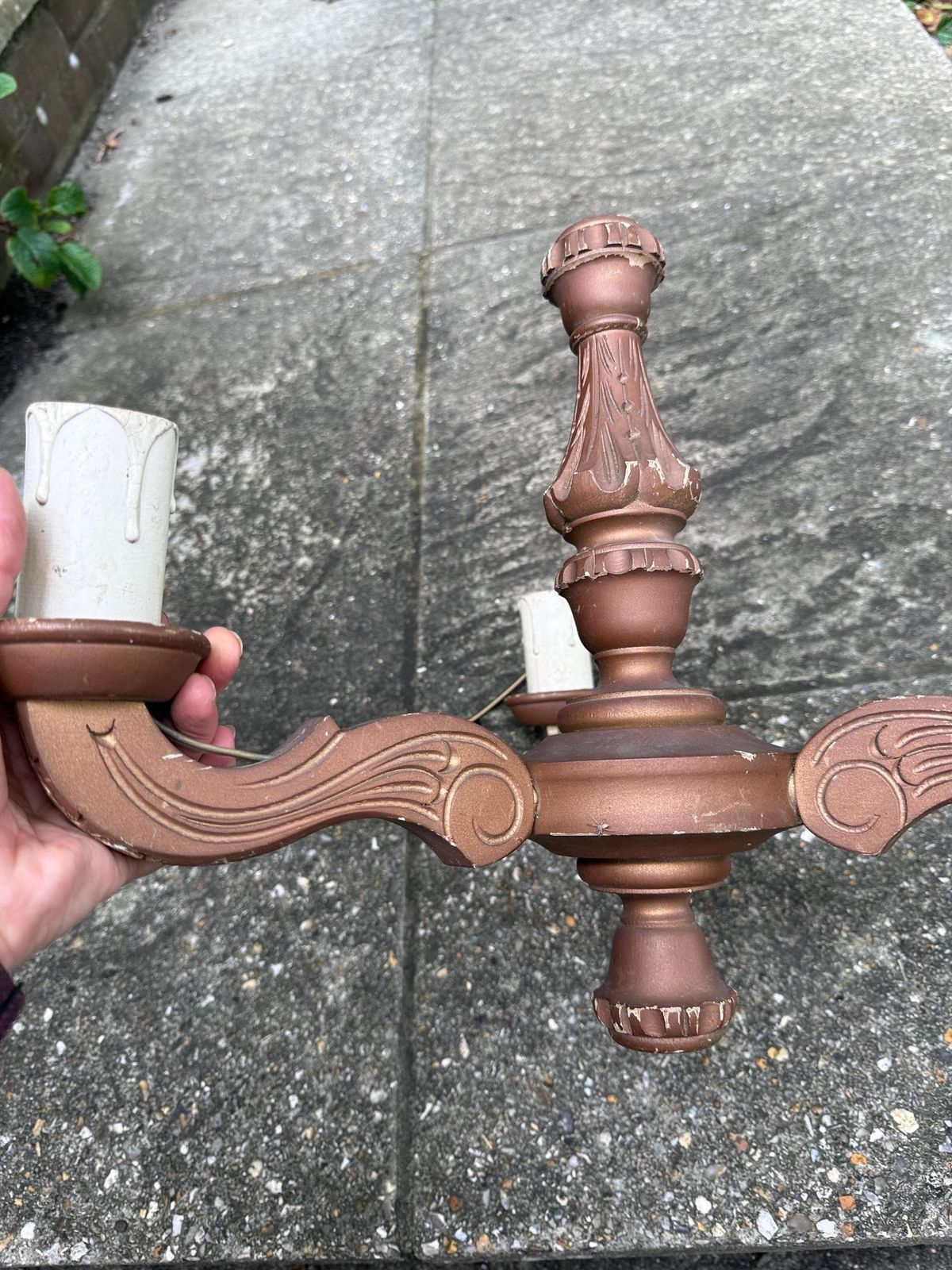 Rustic French Revival Painted Wood Chandelier – 3 Arm Ceiling Light With Ornate Scroll Detailing & Vintage Faux Candle Holders photo vintage