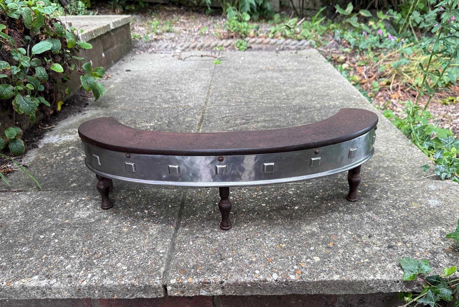 Rare Art Deco Iron & Chrome Fire Fender – Curved Fireplace Guard With Square Stud Detailing, On Iron Legs, C1930s