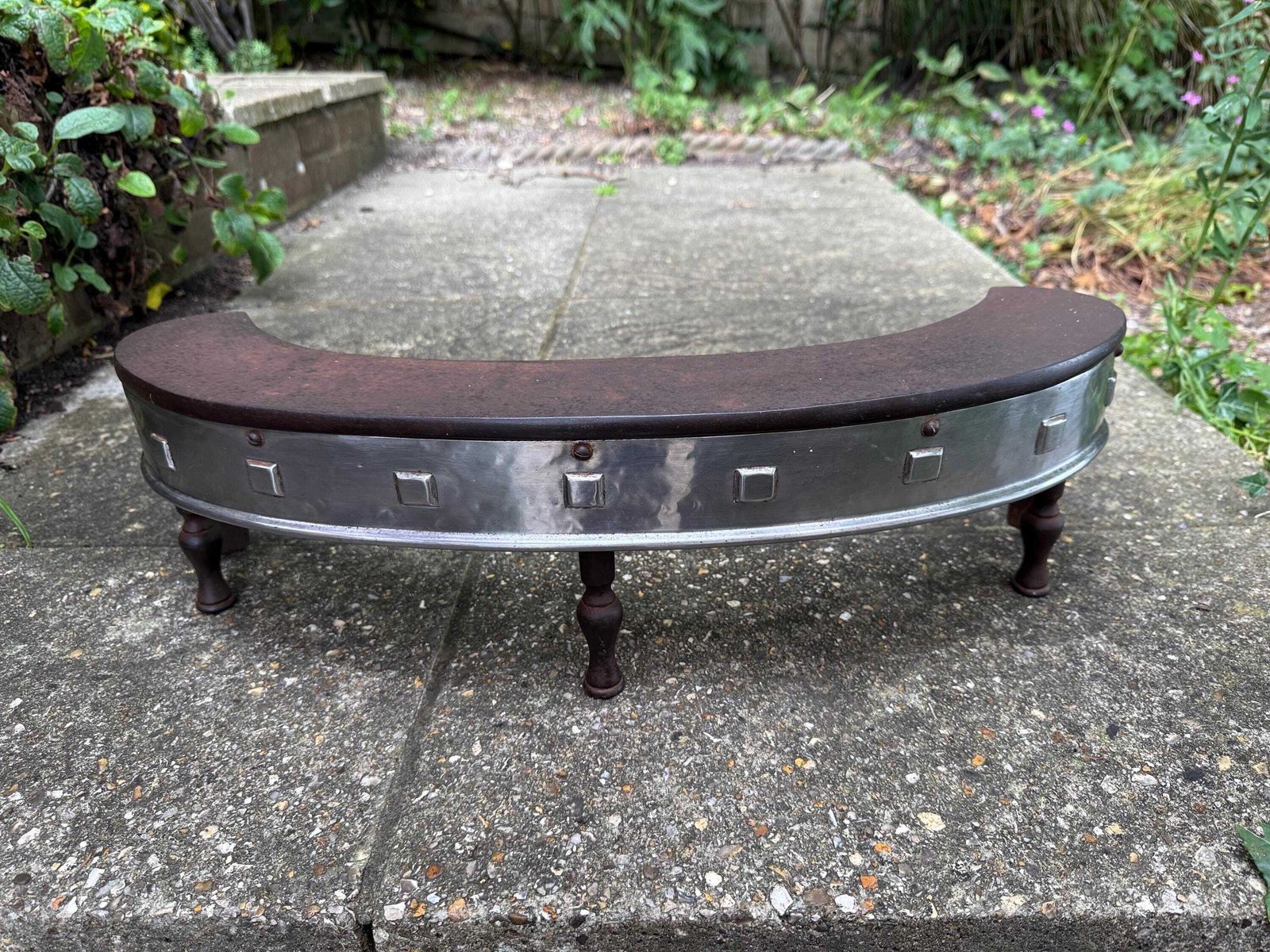 Rare Art Deco Iron & Chrome Fire Fender – Curved Fireplace Guard With Square Stud Detailing, On Iron Legs, C1930s photo furniture