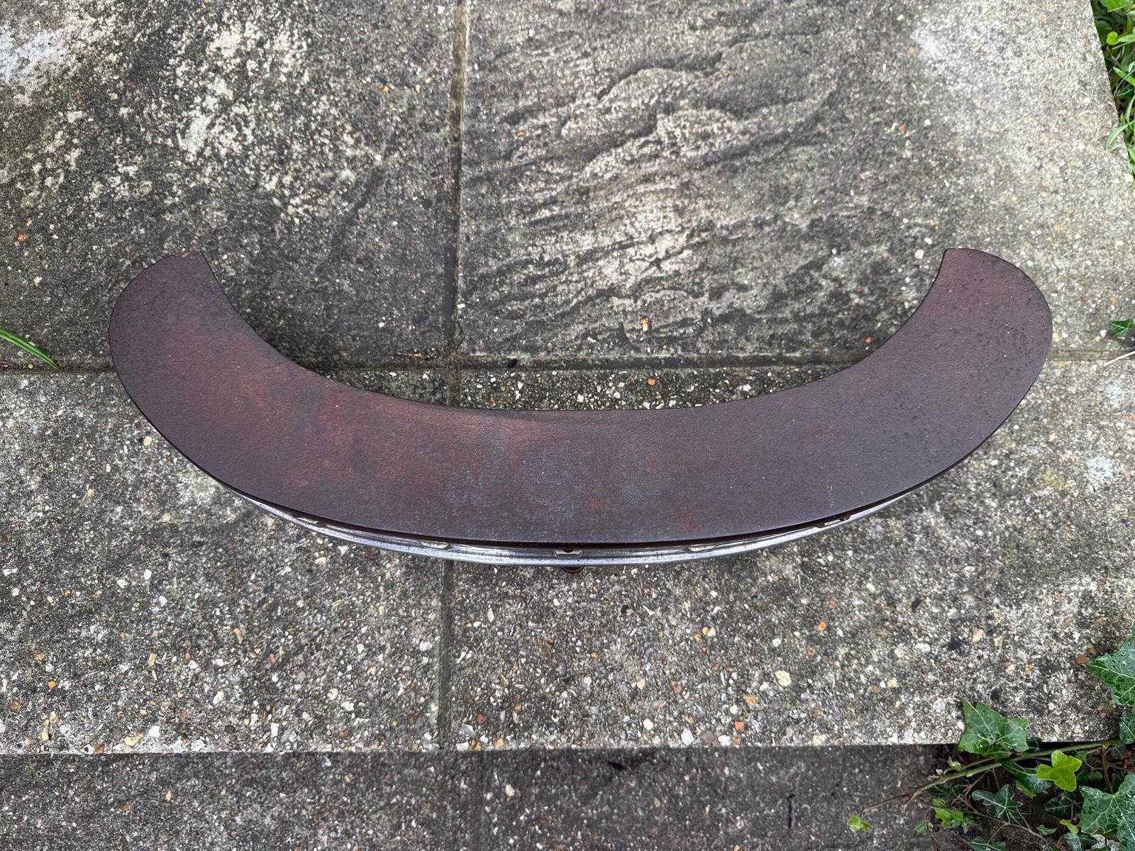 Rare Art Deco Iron & Chrome Fire Fender – Curved Fireplace Guard With Square Stud Detailing, On Iron Legs, C1930s photo vintage