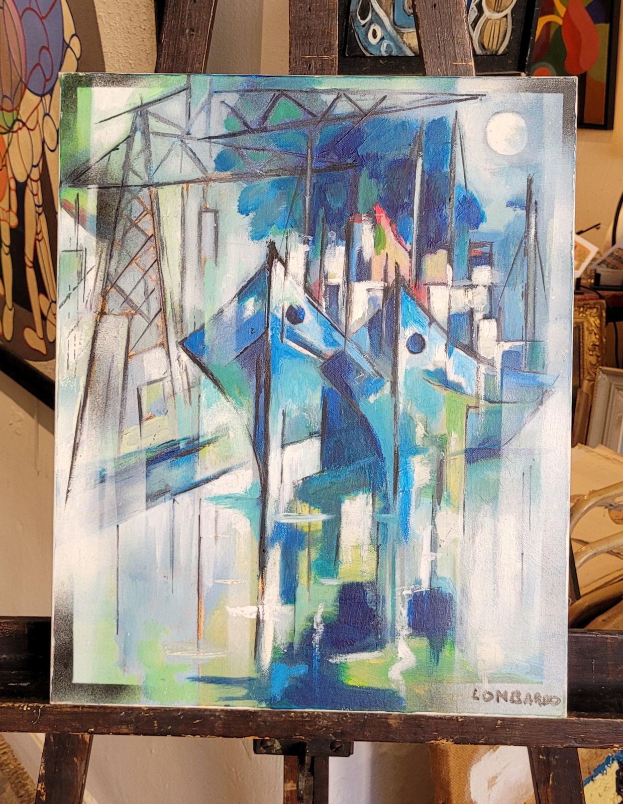 photo buy Boats In Harbour. Contemporary Cubist Acrylic On Canvas By Lombardo