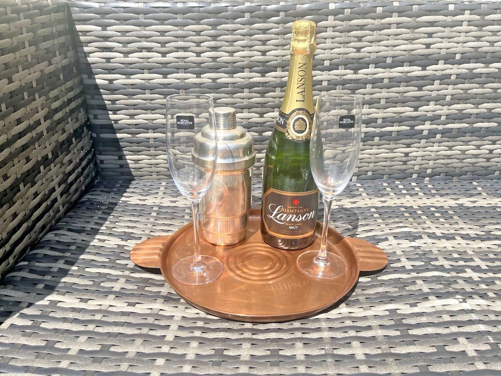 Antique Art Deco Copper Banded Bullseye Fanned Cocktail Drinks Serving Bar Tray