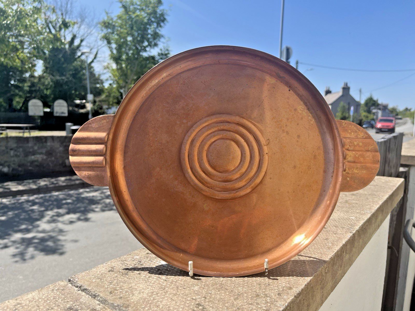 Antique Art Deco Copper Banded Bullseye Fanned Cocktail Drinks Serving Bar Tray photo vintage