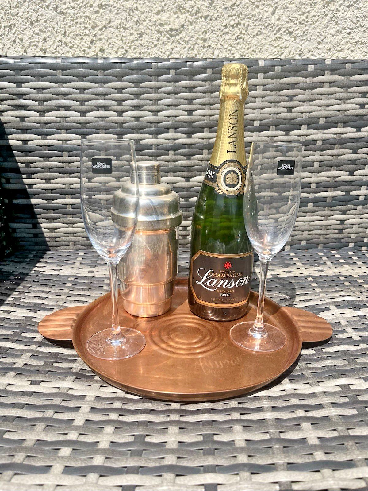 Home Decor Antique Art Deco Copper Banded Bullseye Fanned Cocktail Drinks Serving Bar Tray photo