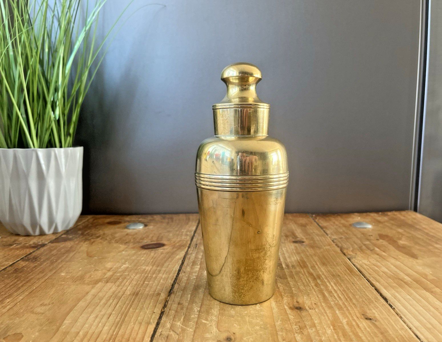 Antique Art Deco Pill Bottle Shape Cocktail Shaker Brass Plated Epns Bar Cabinet photo for sale