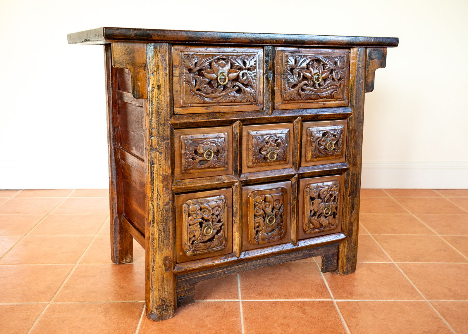 Fine Antique Carved Cabinet Chest Of Drawers Commode Chinese Altar Temple Butterfly Cabine.T 18th Century Raised Carving Consol.E Sideboar.D Credenza photo for sale