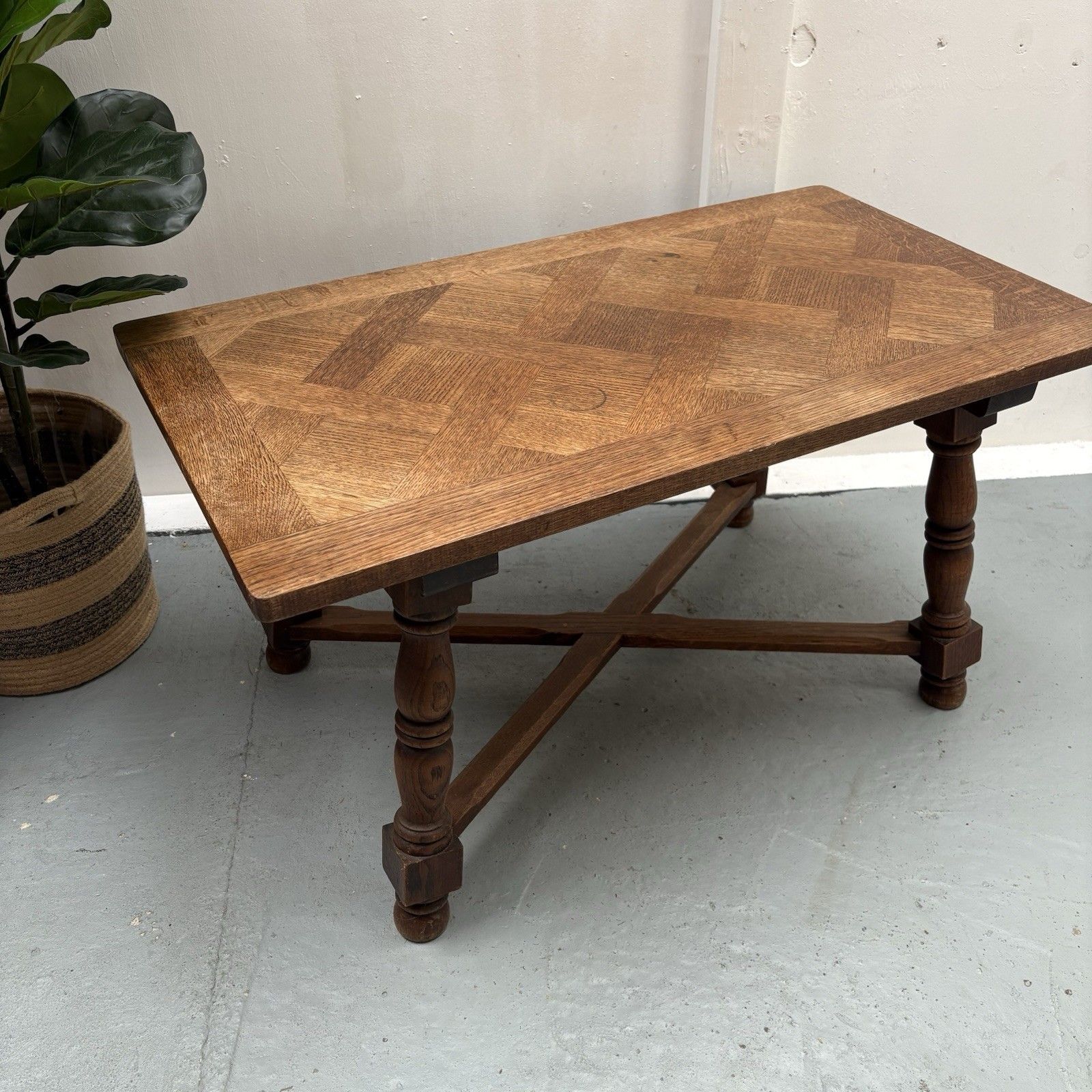 Mid Century French Oak Parquetry Herringbone Top Rustic Coffee Table photo furniture