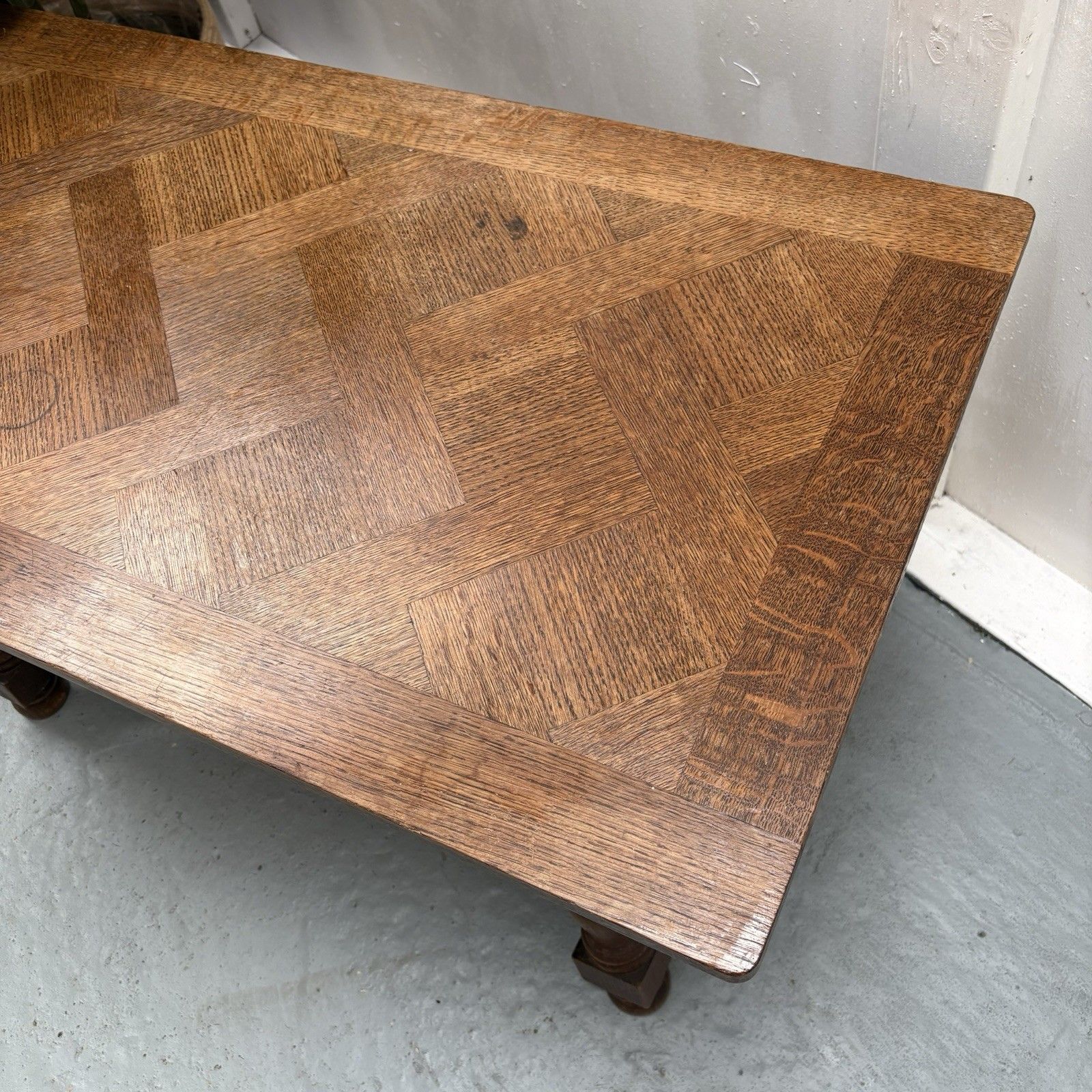 Mid Century French Oak Parquetry Herringbone Top Rustic Coffee Table photo buy