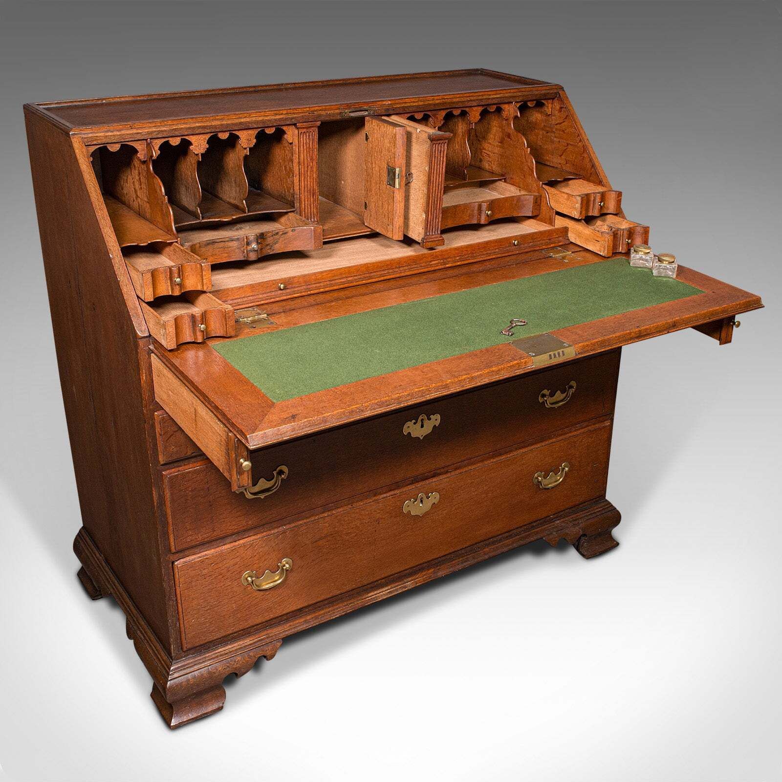 Large Antique Fall Front Bureau, English, Oak, Writing Cabinet, Georgian, C.1750 photo furniture