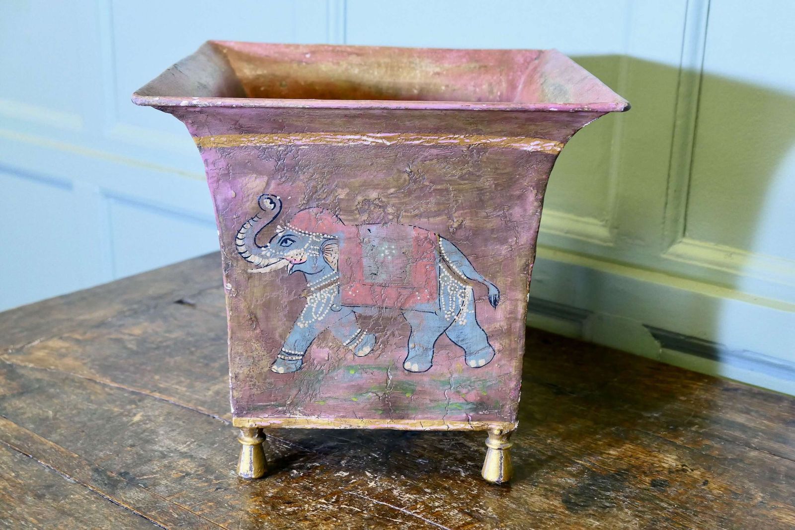 Indian Metal Jardiniere Painted With Elephants photo 180.0