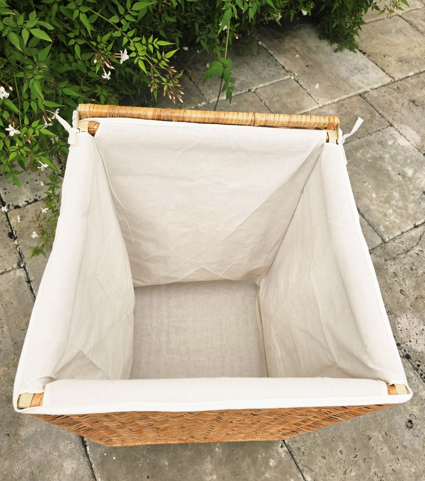 Tall Wicker Laundry Basket With Cream Linen Interior photo Home Decor