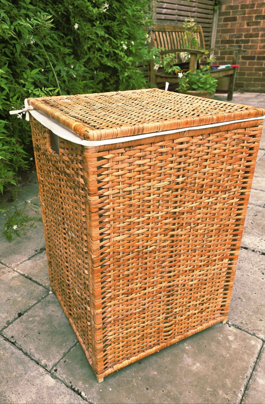Tall Wicker Laundry Basket With Cream Linen Interior photo vinterior
