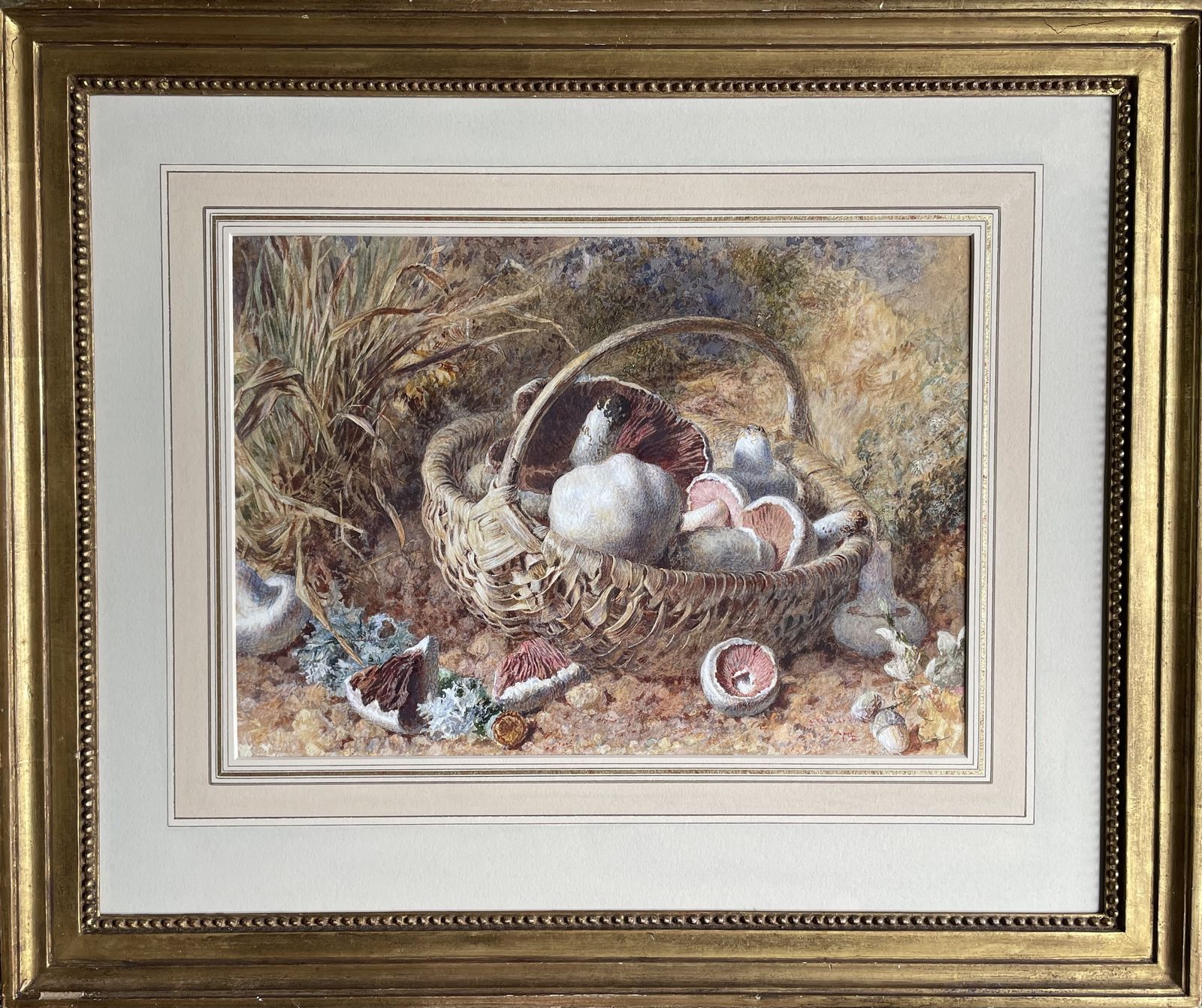 Jebez Blight   Victorian Still Life Watercolour Of Mushrooms In A Basket