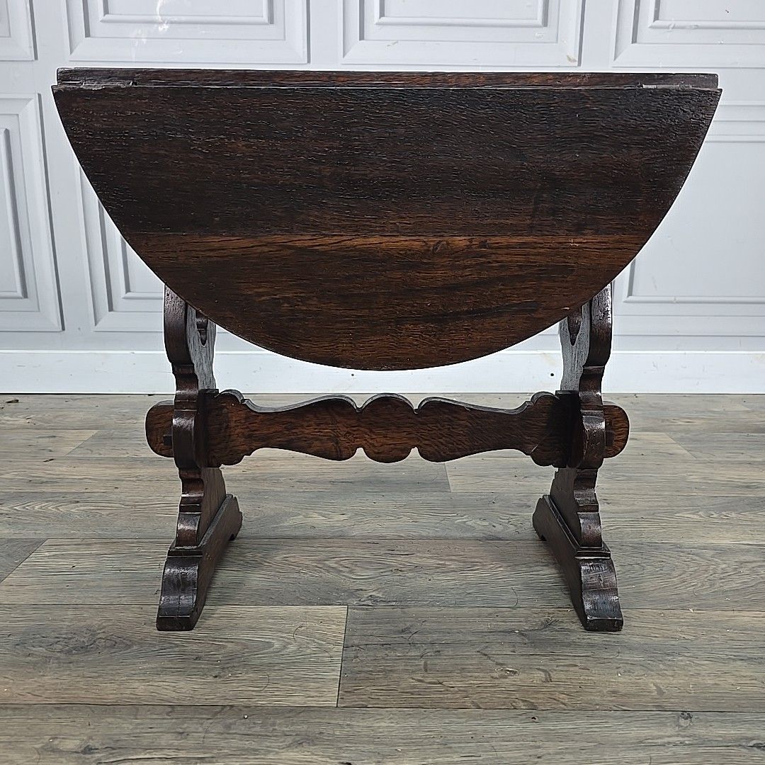 Antique Oak Drop Leaf Table Wooden Sofa Coffee Oval Top Carved Trestle Base photo 140.0