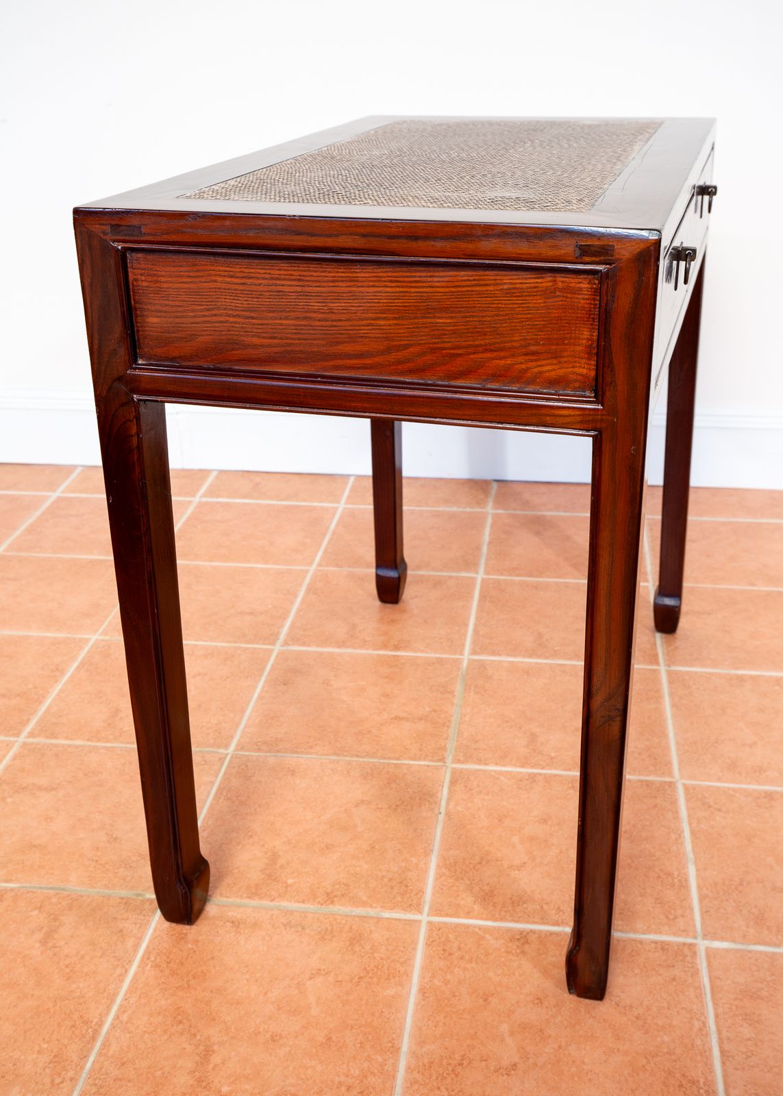 Antique Lacquered Chinese Console Tabl.E Des.K Inlaid Jumu Elm Early 20th Century Rattan Hallway Tabl.E Occasional Side Tabl.E Two Drawers photo buy
