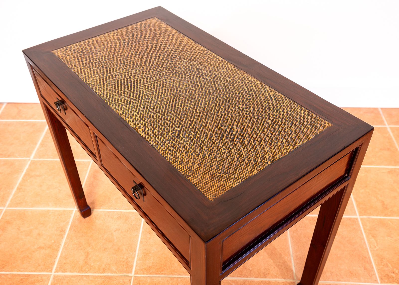 Furniture Antique Lacquered Chinese Console Tabl.E Des.K Inlaid Jumu Elm Early 20th Century Rattan Hallway Tabl.E Occasional Side Tabl.E Two Drawers photo