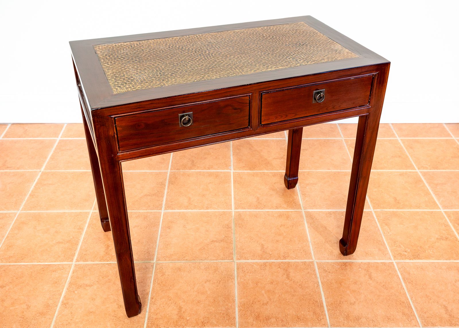 photo buy Antique Lacquered Chinese Console Tabl.E Des.K Inlaid Jumu Elm Early 20th Century Rattan Hallway Tabl.E Occasional Side Tabl.E Two Drawers